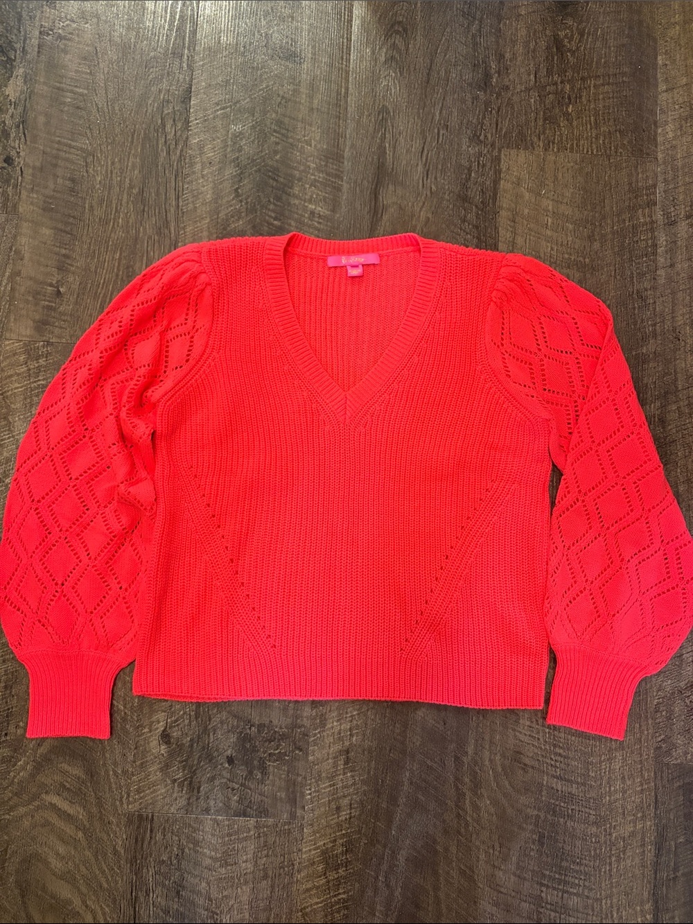 V-Neck Pointelle Sleeve Sweater in Bright coral